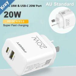 Pisen 20W Dual Port USBC PD 20W  USBA QC3.0 18W Fast Wall Charger  Compact Travel Ready 3x Faster Charging Charge Two Devices Simultaneously