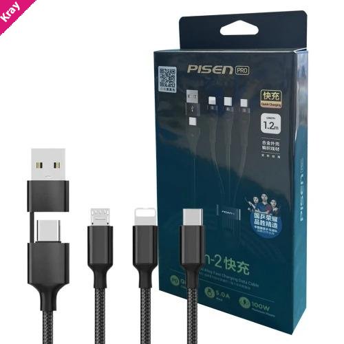 Pisen Pro 3 in 2 Multi Charging Cable 100W (1.2M) Black - Multi Fast Charging,Braided Cable, 2 Years Warranty
