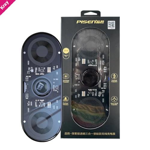Pisen 3-in-1 Wireless Charging Station Transparent FYD-C33 - Black, Support Simultaneous Charging, Type-C Universal Interface, Ultra-thin, Sleek