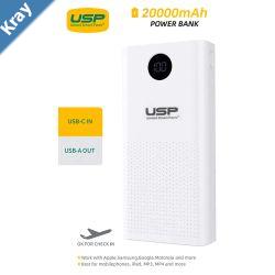 USP 20K mAh Power Bank  White 2 USBA Outputs 5W  10W 2 USB Input Digital Display Comfortable Grip Charge 2 Devices Intelligent Matching