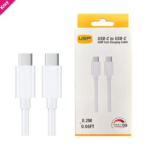 USP USB-C to USB-C 60W Mini Cable (0.2M) White - High Performance,Durable, High Speed, Samsung Galaxy, Apple iPhone, iPad, MacBook, 5 Years Warranty