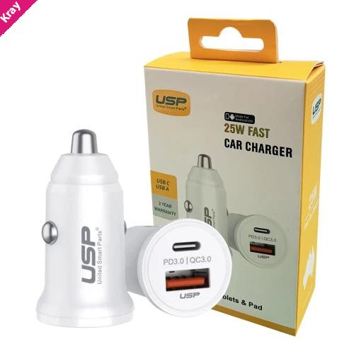 USP 43W Dual Port Fast Car Charger - White, 1xUSB-C(25W), 1xUSB-A(18W QC 3.0), Compact & Lightweight, 2 Years Warranty