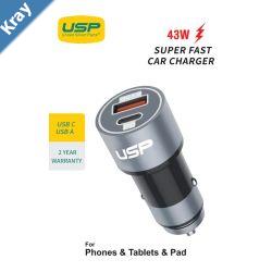 USP 43W Dual Port USBC 25W PD  USBA 18W QC3.0 Fast Car Charger Silver  Dual USB Quick Charge Inteligent ChargingShortCircuit ProtectionSafe