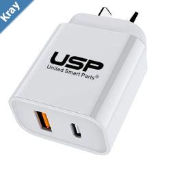 USP 20W QC 3.0 Dual Port USBA USBC PD Fast Wall Charger  White 6976552041751Safe ChargeCharge 2 Devices SimultaneouslyShortCircuit Protection