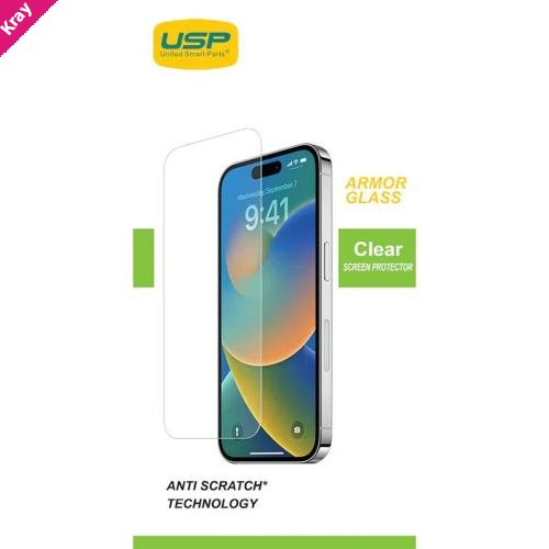 USP Apple iPhone 16 / iPhone 15 Pro / iPhone 15 (6.1') Armor Glass Screen Protector Clear - 9H Hardness, Scratch-Resistance, 3 Years Warranty