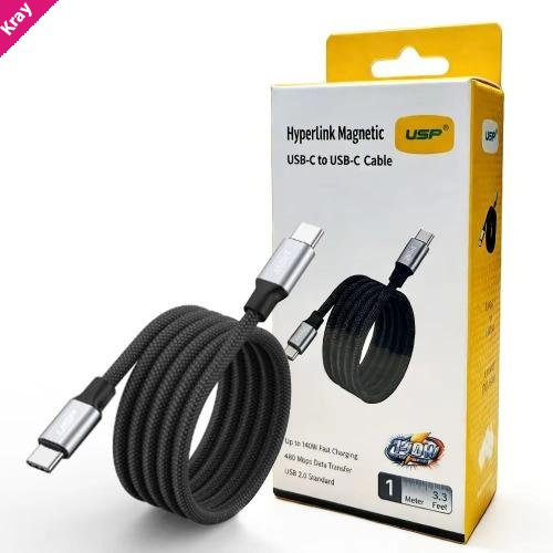 USP Braided HyperLink USB-C to USB-C (1M) Magnetic Cable - Black, Charge & Connect,Digital Display,140W PD, 2 Years Warranty