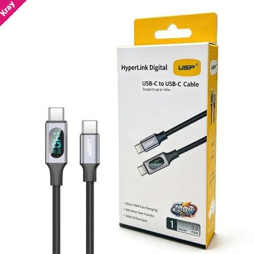USP Braided HyperLink USB-C to USB-C (1M) Digital Display Cable - Black, Charge & Connect,Digital Display,140W PD, 2 Years Warranty