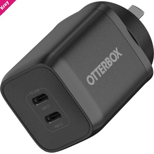 OtterBox 65W Dual Port USB-C (Type I) PD Fast GaN Wall Charger - Black (78-81354), 2x USB-C (45W+20W or Single 65W), Compact, 2 Years Warranty