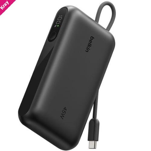 Belkin UltraCharge 10K mAh Power Bank & Display w/ Integrated USB-C Cable (20cm)-Black(BPB029fqBK),2xUSB-C(45W),1xUSB-A(18W),$2500 CEW,2-Year Warranty