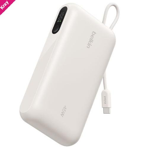 Belkin UltraCharge 10K mAh Power Bank & Display w/ Integrated USB-C Cable (20cm)-Sand(BPB029fqSA),2xUSB-C(45W),1xUSB-A(18W),$2500 CEW,2-Year Warranty