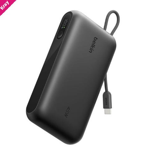 Belkin UltraCharge 20K mAh Power Bank & Display w/ Integrated USB-C Cable(20cm)-Black(BPB030fqBK),2xUSB-C(45W),1xUSB-A(18W),$2500 CEW,2 Years Warranty