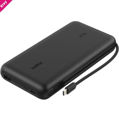 Belkin UltraCharge Pro 25K mAh Laptop Power Bank With 140W Integrated USB-C Cable (35CM) - Black (BPB039fqBK), 1x USB-C, 1x USB-A, 2 Years Warranty