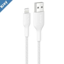 Belkin BoostCharge Pro Braided Lightning to USBA Cable 1M  White CAA020FQ1MWH 2.4A15W 480Mbps 350K Bends MFICertified 2 Years Warranty
