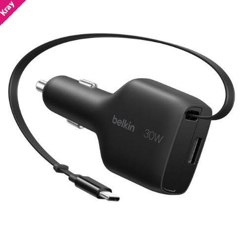 Belkin BoostCharge 30W Retractable Car Charger - Black (CCC002fqBK),Fast Charge,Retractable Cable(70cm),1x USB-A,1x USB-C,$2500 CEW,2 Years Warranty