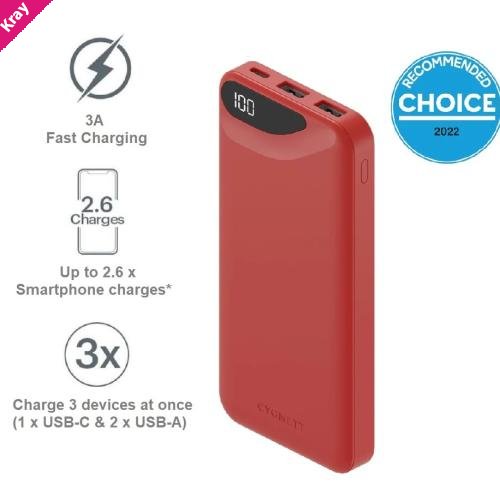Cygnett ChargeUp Boost 3rd Gen 10K mAh Power Bank -Red(CY4343PBCHE),1x USB-C(15W),2x USB-A(12W),15cm USB-C Cable, Charge 3 Devices, 2 Years Warran