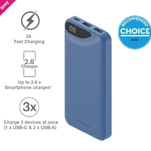 Cygnett ChargeUp Boost 3rd Gen 10K mAh Power Bank-Blue(CY4342PBCHE),1x USB-C(15W),2x USB-A(12W),15cm USB-C Cable, Charge 3 Devices, 2 Years Warran