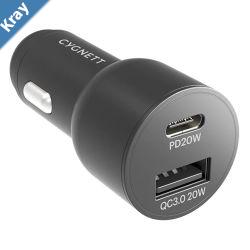 Cygnett CarPower 20W Dual Port Car Charger with 20W USBC PD  20W QC 3.0 USBABlackCY3637CYCCH Fast Charge Max 20W 2 Years Warranty