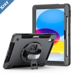 Pisen Rugged Apple iPad 10.9 10th Gen Case Black  BuiltinKickstand Adjustable Hand Strap Shoulder Strap Pen Holder DropProof ShockProof