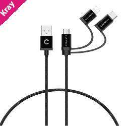 Cygnett Essentials 3-in-1 (USB-A to Lightning + USB-C + Micro-USB) Cable (1M) - Black (CY3571COCAB), 2.4A/12W, 480Mbps, 3x Connectors,2 Years Warranty