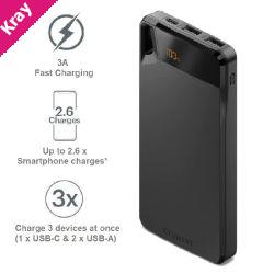 Cygnett ChargeUp Boost 4th Gen 10K mAh Power Bank-Black(CY4747PBCHE)Triple Port(Dual USB-A 15W+1xUSB-C 15W),15cm USB-C Cable,15W Max,2 Years Warranty