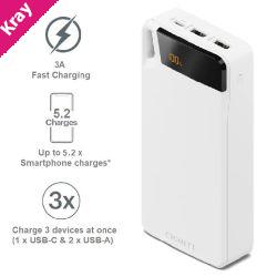Cygnett ChargeUp Boost 4th Gen 20K mAh Power Bank- White(CY4752PBCHE)Triple Port(Dual USB-A 15W+1xUSB-C 15W),15cm USB-C Cable,15W Max,2 Years Warranty