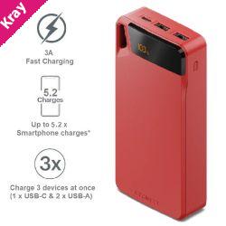 Cygnett ChargeUp Boost 4th Gen 20K mAh Power Bank -Red(CY4753PBCHE)Triple Port(Dual USB-A 15W + 1xUSB-C 15W),15cm USB-C Cable,15W Max,2 Years Warranty