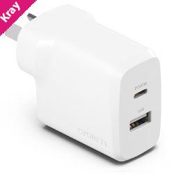 Cygnett PowerPlus 32W Dual Port (20W USB-C + 12W USB-A) PD Fast Wall Charger-White(CY4772PDWCH),Palm-Size,Portable,Charge 2x Devices,2 Years Warranty