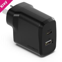 Cygnett PowerPlus 32W Dual Port (20W USB-C + 12W USB-A) PD Fast Wall Charger-Black(CY4773PDWCH),Palm-Size,Portable,Charge 2x Devices,2 Years Warranty