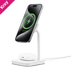 Cygnett ChargeBase Qi2 2-in-1 Magnetic 15W Wireless Charger - White (CY5068BUNCP),1.2M USB-C Cable,25W Wall Charger,80° Swivel Head,2 Years Warranty