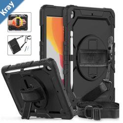 Pisen Rugged Apple iPad 10.2 9th8th7th Gen Case Black  BuiltinKickstand Adjustable Hand Strap Shoulder Strap Pen Holder DropProof