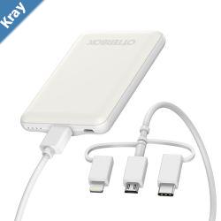 OtterBox 5K mAh Power Bank with 3in1 Cable USBA to Lightning  USBC  MicroUSB  White 7880836 Durable Perfect for Travel Smart Charg
