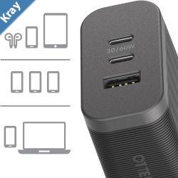 OtterBox 72W Triple Port Premium Pro Fast GaN PD Wall Charger  Black 7881038 1x USBA 12W 2x USBC 30W 60W Shared PPS TravelReady Laptop