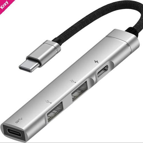 USP Multiport 4-in-1 Dual USB-C & Dual USB-A Hub - Silver, (2x USB-A), (2x USB-C), 1x USB-C PD Fast Charging, Braided Cable, 5 Years Warranty