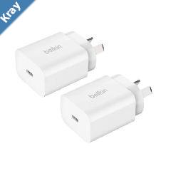 Belkin BoostCharge 20W USBC PD 3.0 PPS Wall Charger Pack of 2  White WCA007auWH2PK Safe  Efficient Compact  TravelReady 2 Years Warranty