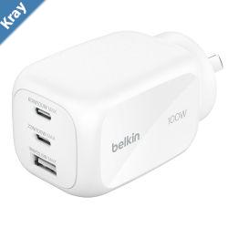 Belkin BoostCharge Pro 100W 3Port GaN Wall Charger  White WCH016AUWH 2x USBC 1x USBA Compact Laptop Charger CEW 2500 2 Years Warranty