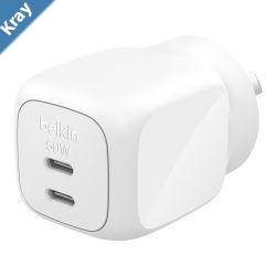 Belkin BoostCharge Pro 50W Dual USBC GaN Wall Charger  White WCH019AUWH Compact Laptop Charger TravelReady CEW 2500 2 Years Warranty