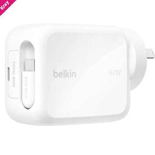 Belkin UltraCharge Retractable Dual 67W USB-C GaN Wall Charger - White(WCH022auWH),1xUSB-C,1x Retractable USB-C Cable(1M),$2,500 CEW, 2 Years Warranty