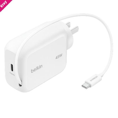 Belkin UltraCharge Retractable 45W USB-C GaN Wall Charger - White(WCH023auWH),1x USB-C, 1x Retractable USB-C Cable,$2500 CEW, 2 Years Warranty