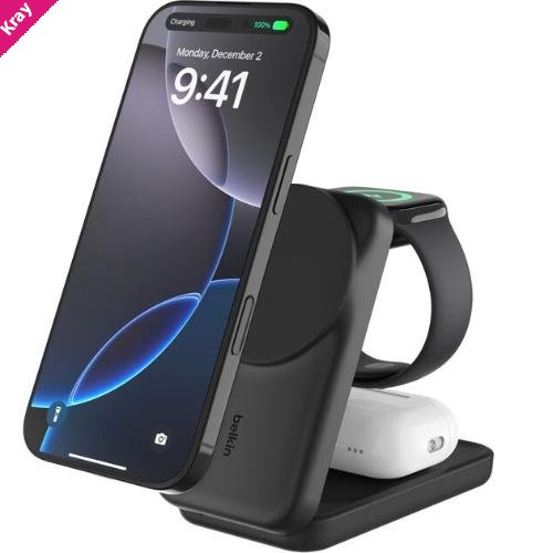 Belkin UltraCharge 3-in-1 Foldable Magnetic Charger With Qi2(25W)+USB-C Wall Charger(45W)+USB-C Cable(15M)-Black(WIZ037auBK),$2500CEW,2 Years Warranty