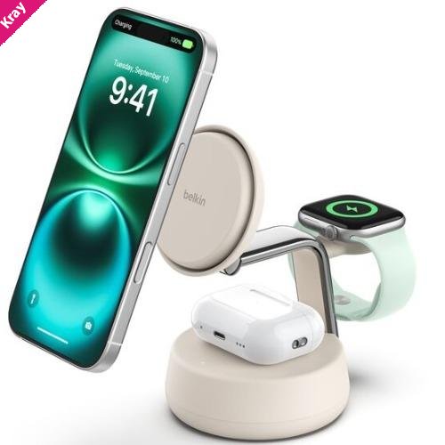 Belkin UltraCharge Pro 3-in-1 Wireless Qi2 Charging Dock + 45W USB-C PSU + USB-C Cable (1.5M) - White (WIZ040auSD), 25W, CEW $2500, 2 Years Warranty
