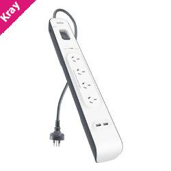 Belkin SurgePlus 4-Outlet 2-Meter Surge Protection Strip With Two (2.4) Amp USB Charging Ports - White (BSV401au2M), 2M Power Cord, 2 Years Warranty