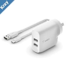 Belkin BoostCharge Dual USBA Car Charger 24W  USBA to USBC Cable 1M  White WCE001au1MWH 2x USBA 12W CEW 2500 2 Years Warranty