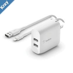 Belkin BoostCharge Dual USBA Car Charger 24W  Lightning to USBA Cable 1M  White WCD001au1MWH 2x USBA 12W CEW 2500 2 Years Warranty