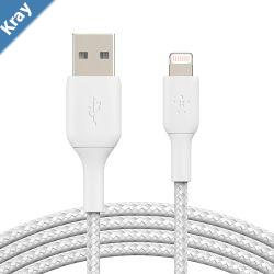 Belkin BoostCharge Braided Lightning to USBA Cable 1m3.3ft  White CAA002bt1MWH 480Mbps 10K bend Apple iPhone  iPad  Macbook 2YR