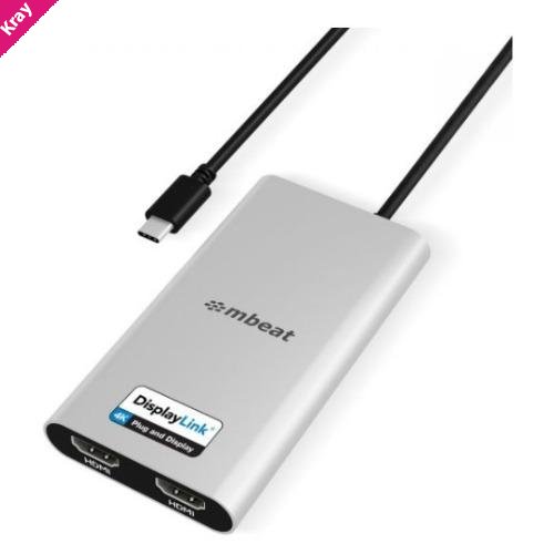 mbeat® USB-C Dual 4K HDMI DisplayLink® Adapter with PD Pass-through  Dual 4K@60Hz 2 × HDMI 2.0  1 × USB-C 3.1 1 × USB-C PD 3.0 Supports up to 90W