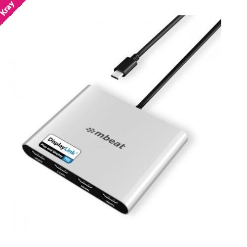 mbeat® USB-C Quad 4K HDMI DisplayLink® Adapter with PD Pass-through  Quad 4K@60Hz 4 × HDMI 2.0  1 × USB-C 3.1 1 × USB-C PD 3.0 Supports up to 90W