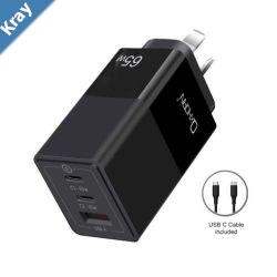 Oxhorn 65W GaN Type C fast Charger 3 Port 2xUSBC 1xUSBA PD3.0 QC4.0 PPS AUS Approved Ctick Black with cable