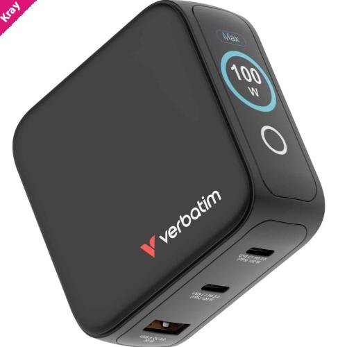 Verbatim Mini GaN Charger 100W with Display  Compact 3-port wall charger with USB-C® Power Delivery and Quick Charge 3.0