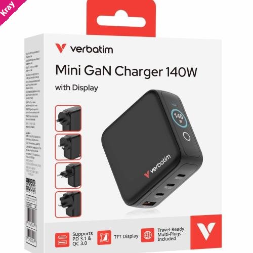 Verbatim Mini GaN Charger 140W with Display  Premium 4-port GaN wall charger with three USB-C® and one USB-A port