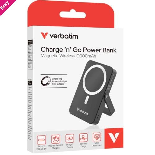 Verbatim Power Bank Magnetic Wireless 10,000mAh with Stand - Black
